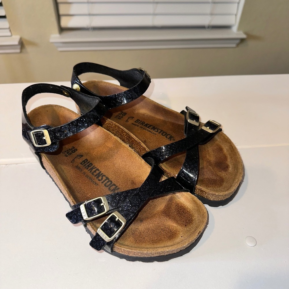 Birkenstock Birko Flor Kumba Magic Black Glitter Strappy Ankle Sandals EU 38
